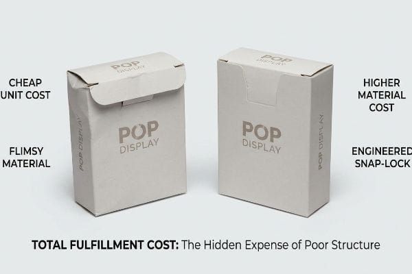 Two Pop Display tuck boxes contrasting Flimsy Material and Cheap Unit Cost with an Engineered Snap-Lock and Higher Material Cost.