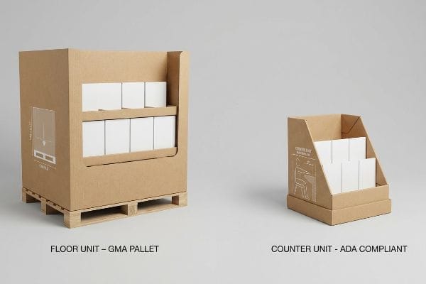 Floor Counter Displays Brown corrugated cardboard Floor Unit on a GMA Pallet with white product boxes, next to an ADA Compliant Counter Unit.