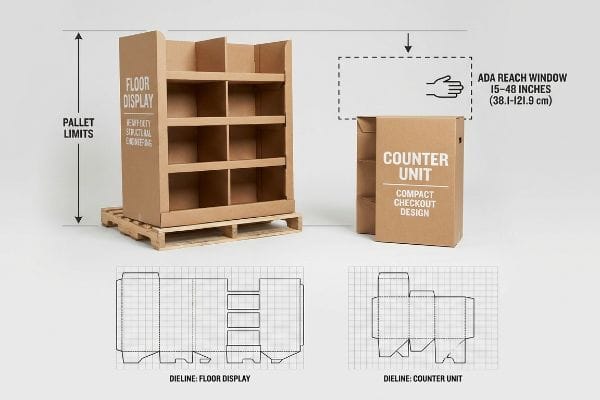 Display Unit Dielines Brown cardboard Floor Display on pallet and Counter Unit with ADA reach window, illustrating structural engineering and dielines for point of purchase displays.