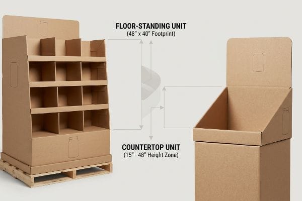 Brown corrugated cardboard floor-standing unit (48" x 40" footprint) and countertop unit (15" - 48" height zone) for retail displays.