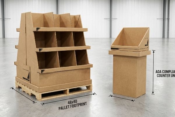 Brown corrugated cardboard displays: a 48x40 Pallet Footprint floor display and an ADA Compliant Counter Unit.