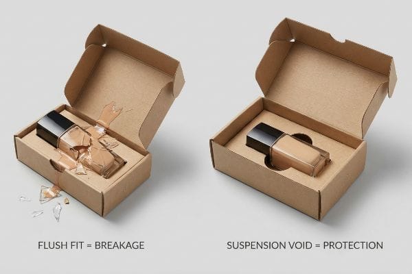 Brown corrugated boxes showcase cosmetic packaging, with a broken glass foundation bottle from a Flush Fit versus a protected bottle in a Suspension Void.
