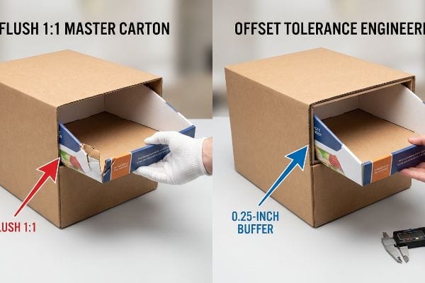Brown corrugated master cartons show a Flush 1:1 fit causing a torn retail tray versus Offset Tolerance Engineering with a 0.25-inch buffer.