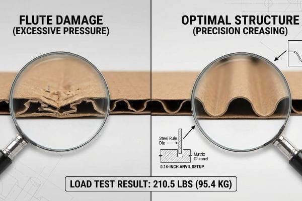 Corrugated cardboard comparison showing Flute Damage (Excessive Pressure) versus Optimal Structure (Precision Creasing) with 210.5 lbs (95.4 kg) load test result.
