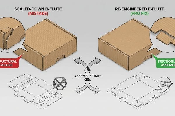 Box Flute Engineering Corrugated cardboard boxes illustrating a Scaled-Down B-Flute with a torn tab (Structural Failure) versus a Re-Engineered E-Flute with a perfectly fitting tab (Frictionless Assembly), highlighting a 35-second assembly time reduction.