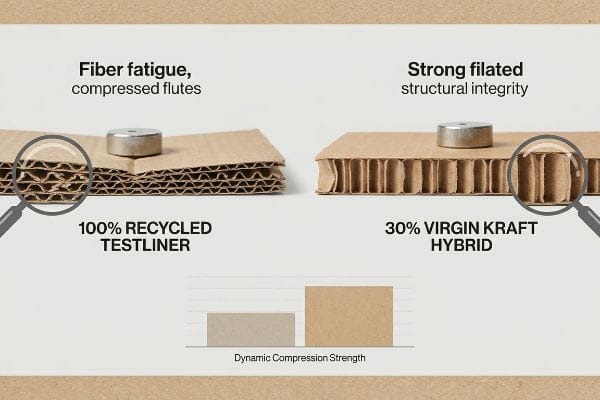 Corrugated Strength Comparison Corrugated cardboard comparison: Recycled Testliner with compressed flutes versus Virgin Kraft Hybrid with strong structural integrity and higher Dynamic Compression Strength.
