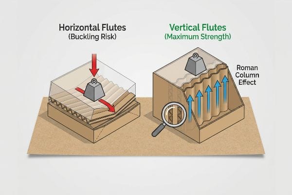 Visual comparison of corrugated flutes: Horizontal Flutes (Buckling Risk) showing collapse, and Vertical Flutes (Maximum Strength) with Roman Column Effect.