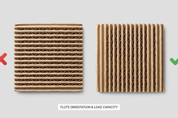 Flute Orientation Load Capacity Brown corrugated board showing horizontal flutes (incorrect) and vertical flutes (correct) for optimal Flute Orientation & Load Capacity.