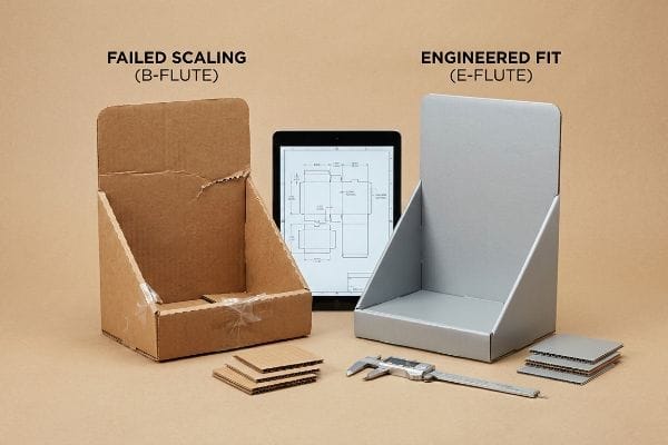 Brown B-Flute display, labeled Failed Scaling, contrasts with a gray E-Flute display, labeled Engineered Fit, alongside a caliper and dieline.