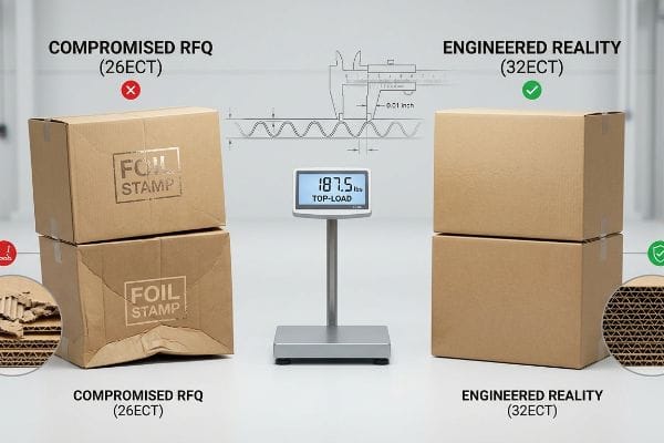 Damaged 26ECT Foil Stamp boxes contrast with sturdy 32ECT corrugated, showing 187.5 Lbs Top-Load and 0.01 inch flute measurement.