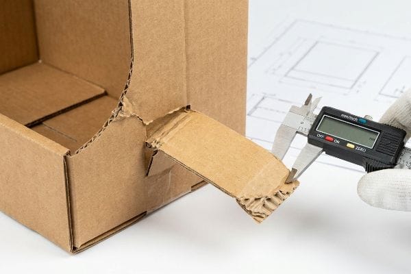 Corrugated Board Thickness Measurement Corrugated board's fluting thickness is precisely measured by digital calipers against a blueprint.