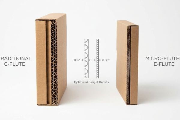 Brown corrugated board cross-sections comparing Traditional C-Flute (0.15 inches) and Micro-Fluted E-Flute (0.06 inches), illustrating Optimized Freight Density.