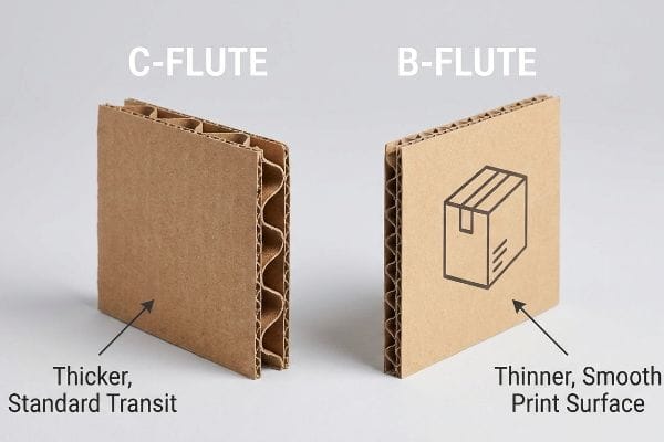 Brown corrugated cardboard samples comparing C-Flute, Thicker Standard Transit, with B-Flute, Thinner Smooth Print Surface.
