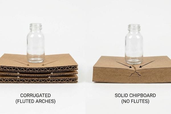 Corrugated vs Chipboard Strength Corrugated (Fluted Arches) cardboard supports a glass bottle, while Solid Chipboard (No Flutes) cracks under the same weight.