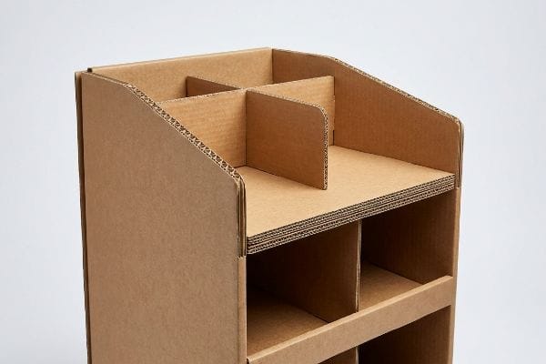 Brown corrugated cardboard display box featuring internal dividers and visible fluted paperboard construction.