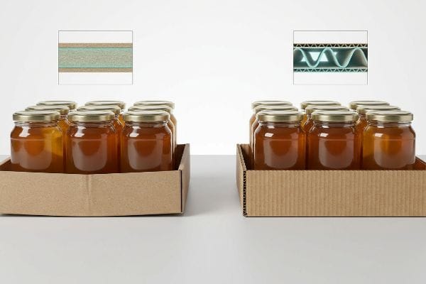Corrugated vs Chipboard Trays Flat chipboard and micro-fluted corrugated cardboard trays with honey jars, showing internal material structures for heavy goods.
