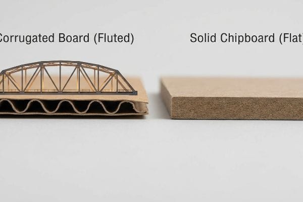 Corrugated vs Solid Board Corrugated Board (Fluted) with a bridge model, showing its fluted cross-section, compared to Solid Chipboard (Flat).