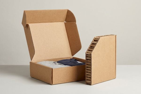 Corrugated Subscription Box Apparel Brown corrugated subscription box open with folded t-shirts, next to a vertical piece showing fluted virgin kraft material.