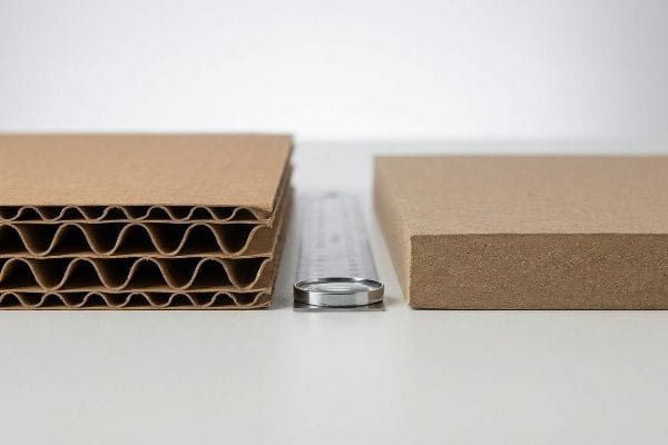 Fluted vs Solid Board Corrugated material showcasing parallel arched flutes beside dense solid unfluted chipboard, with a ruler and magnifying glass for structural comparison.
