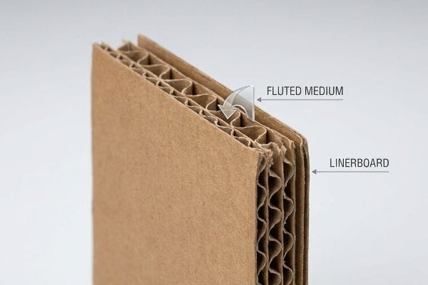 Corrugated Cardboard Structure Layers Close-up view of corrugated cardboard layers, showing the Fluted Medium between Linerboard sheets, highlighting its structural composition.
