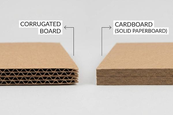 Corrugated Board with visible wavy flutes compared to flat, unfluted Cardboard (Solid Paperboard) cross-sections.