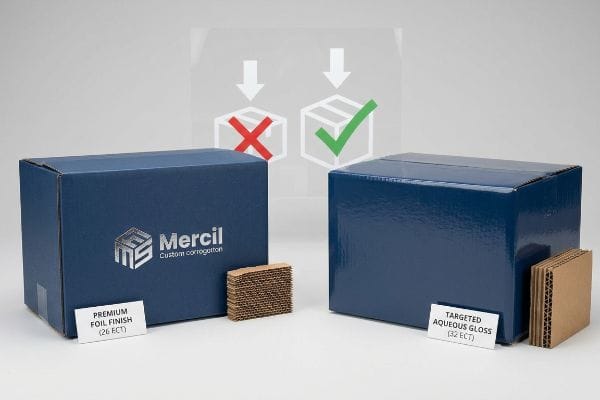 Dark blue Mercil custom corrugated boxes compare Premium Foil Finish (26 ECT) and Targeted Aqueous Gloss (32 ECT), with strength symbols.