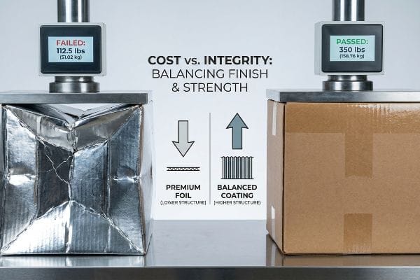 Box Compression Test Compression test comparing a crushed Premium Foil box (Failed: 112.5 lbs, Lower Structure) with an intact Balanced Coating box (Passed: 350 lbs, Higher Structure), demonstrating balancing finish and strength.