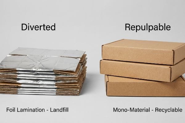Repulpable vs Diverted Foil Lamination packaging, labeled Diverted to Landfill, beside Repulpable Mono-Material Recyclable brown corrugated boxes.