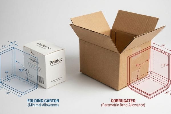 Vergleich von Faltschachteln und Wellpappkartons von Printoc mit Diagrammen zur 90-Grad-Biegetoleranz, wobei minimale und parametrische Toleranzen hervorgehoben werden.