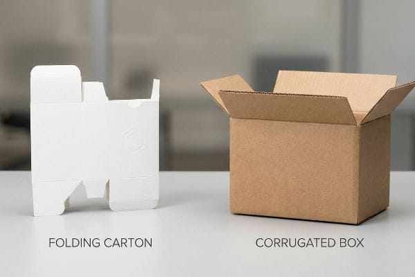An unfolded white Folding Carton next to an open brown Corrugated Box, illustrating packaging material differences.
