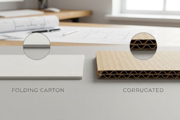 Folding Carton and Corrugated packaging materials, highlighting unfluted solid board versus fluted internal architecture.