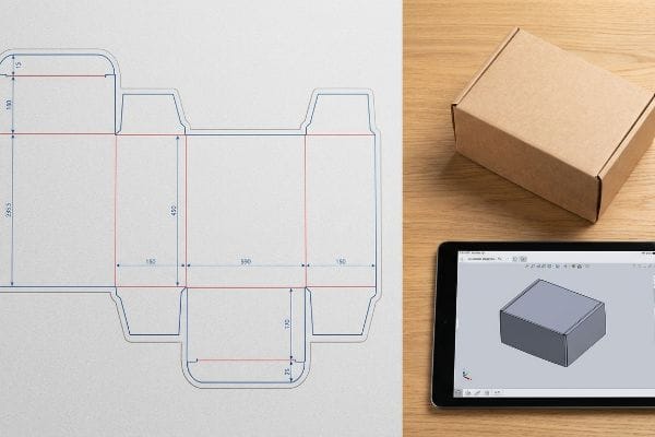 Custom Folding Carton Design A folding carton die-cut template with dimensions, a brown cardboard box, and a tablet showing a 3D CAD rendering.