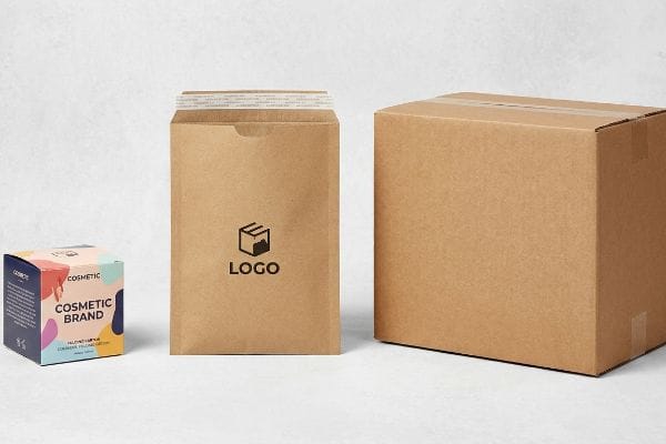 Colorful Cosmetic Brand folding carton, brown kraft ecommerce parcel mailer, and large corrugated B2B master carton.