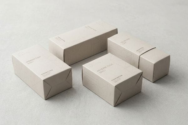 Folding Carton Styles Four light beige folding carton boxes display Straight Tuck End, Reverse Tuck End, Crash Bottom, and Tuck Top styles with a subtle geometric pattern.