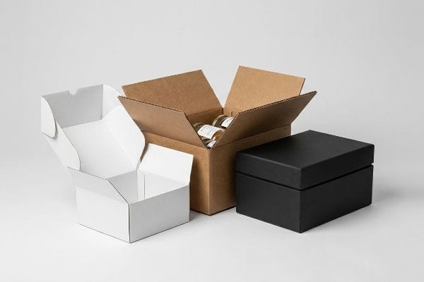 Three Types of Boxes White folding carton, brown corrugated shipper with health kit jars, and a black rigid box for product packaging.