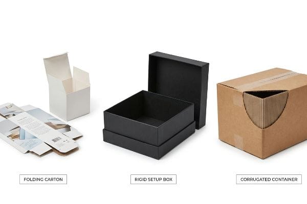 Three distinct packaging types: a white Folding Carton, a black Rigid Setup Box, and a brown Corrugated Container with visible fluting.
