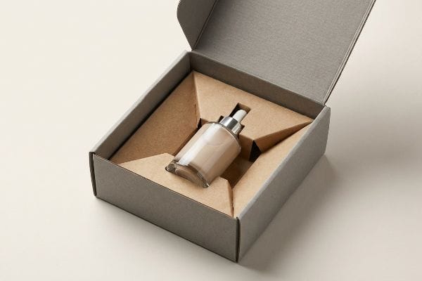 Graue, strukturierte Kosmetikbox mit offenem Deckel, in der sich eine gläserne Tropfflasche für Foundation in einem Einleger aus Kraftpapier befindet.