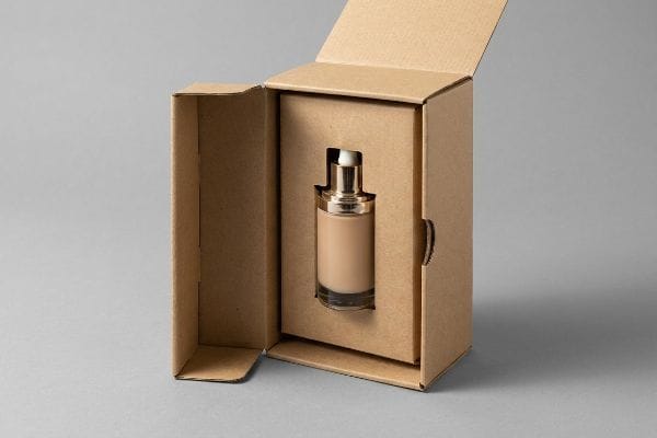 Air Void Packaging Custom die-cut insert in open brown corrugated box holds glass foundation bottle with gold pump, demonstrating air void.