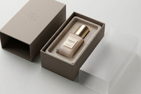 Foundation Bottle Packaging Design Luxury Foundation Butter bottle with gold cap in custom molded pulp insert and beige cosmetic box.