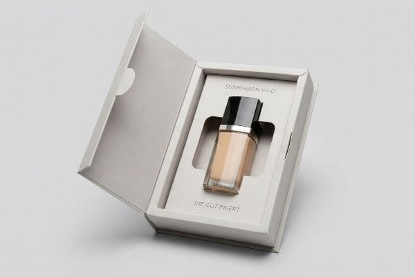 White paperboard box with an open lid, showcasing a beige foundation bottle secured by a Die-Cut Insert and Suspension Void.