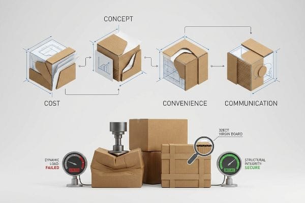 Four C's Packaging Test Corrugated packaging diagram showing the Four C's: Cost, Concept, Convenience, Communication. It contrasts a failed dynamic load test with a secure 32ECT Virgin Board.