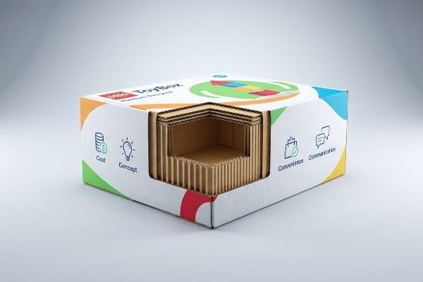 Four C's Packaging Design Corrugated LEGO ToyBox packaging, cut-away to reveal internal layers, featuring icons for Cost, Concept, Convenience, and Communication.