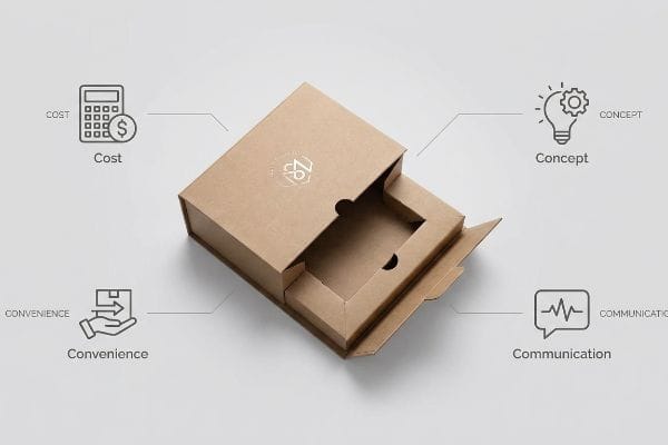Four C's Packaging Design Brown Kraft paper packaging box illustrating the Four C's of Packaging Design: Cost, Concept, Convenience, and Communication.