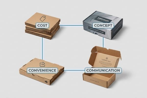Four C's Packaging Design Corrugated cardboard boxes illustrate the Four C's of Packaging Design: Cost, Concept, Convenience, and Communication, featuring a Premium Subscription Box.