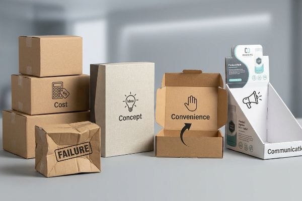 Packaging Four C's Failure Packaging design's Cost, Concept, Convenience, Communication, and a crushed Failure box are displayed.