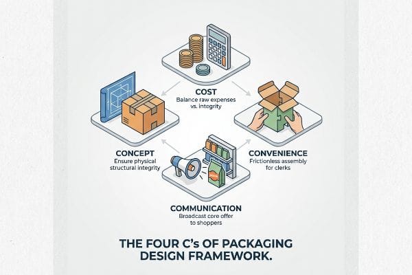 Four C's Packaging Design A diagram of The Four C's of Packaging Design Framework: Concept, Cost, Convenience, Communication, detailing structural integrity, raw expenses, frictionless assembly, and broadcast offer.