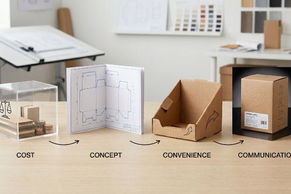 Packaging design's 4 C's: Cost, Concept, Convenience, Communication, shown with boxes, blueprints, and display.