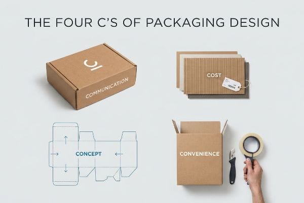 Four C's Packaging Design Brown cardboard boxes and a dieline illustrate The Four C's of Packaging Design: Communication, Cost, Concept, and Convenience.
