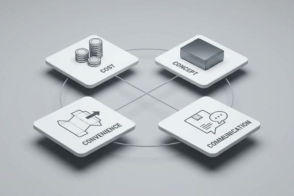 Four white 3D platforms illustrate the Four C's of packaging design: Cost, Concept, Convenience, and Communication.