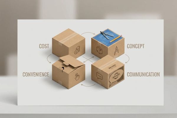 Cardboard boxes illustrate the 4 C's of packaging: Cost, Concept, Convenience, Communication, with icons and Brand Story text.